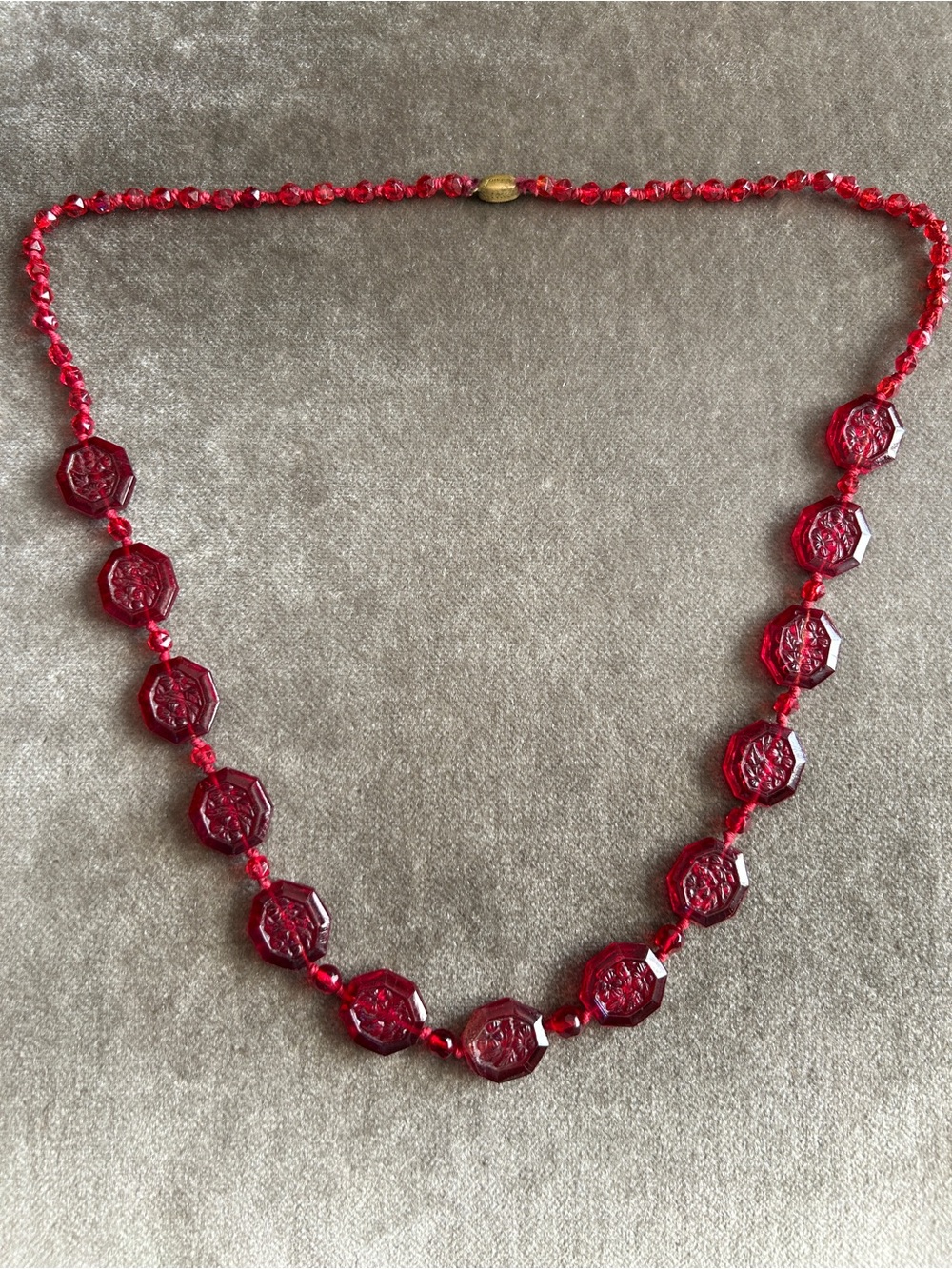 Vintage Art Deco 1930’s / 1940’s 27” Red Glass Medallion Necklace
